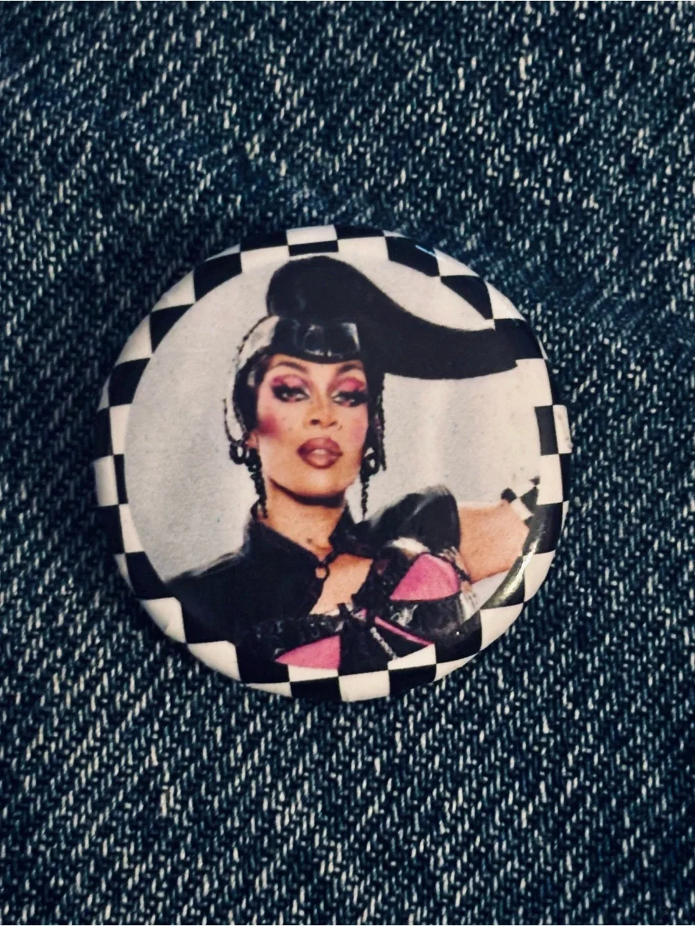 RuPaul’s Drag Race Robin Fierce Checkerboard Photo Button Pin